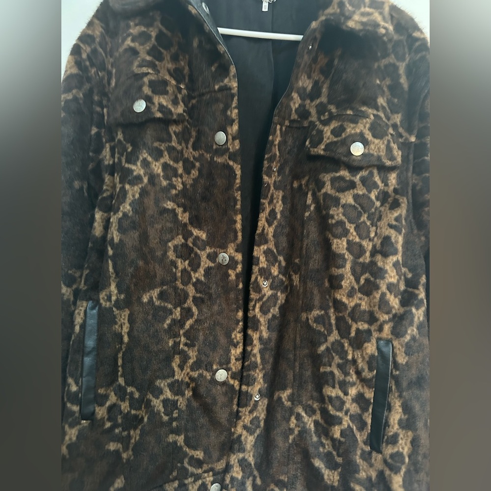 Free People Leopard Print Faux Fur Leather Trim Oversized Jacket Size XS - Picture 5 of 9